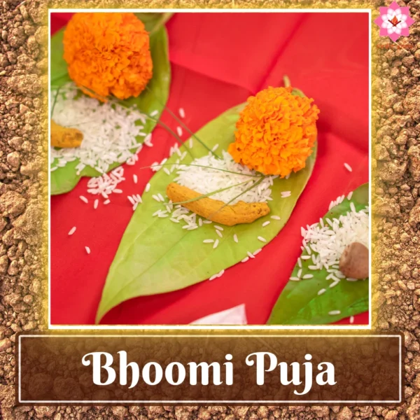 Image of betel leaf, turmeric, and rice offerings, symbolizing gratitude to Mother Earth, central to Bhoomi Puja rituals performed at the site of new construction