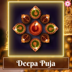 Image of a beautifully decorated deepam (diya), symbolizing divine light, central to Deepa Puja performed online for invoking blessings and positivity