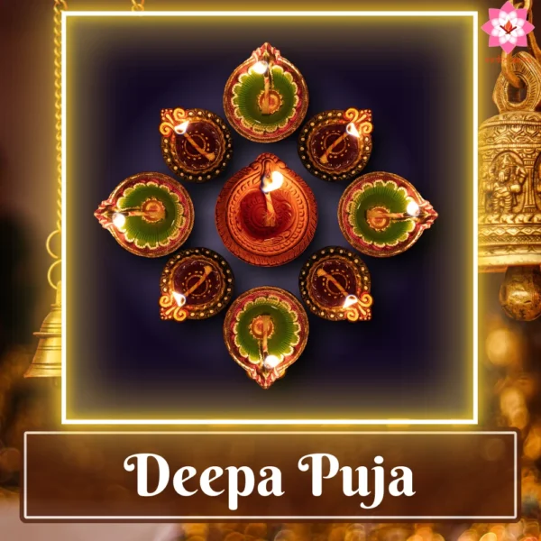 Image of a beautifully decorated deepam (diya), symbolizing divine light, central to Deepa Puja performed online for invoking blessings and positivity