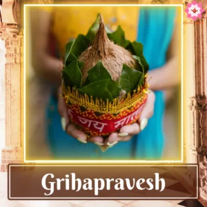 Image of a girl holding a Kalash while entering a new home, symbolizing auspicious beginnings, central to Grihapravesham rituals performed at home