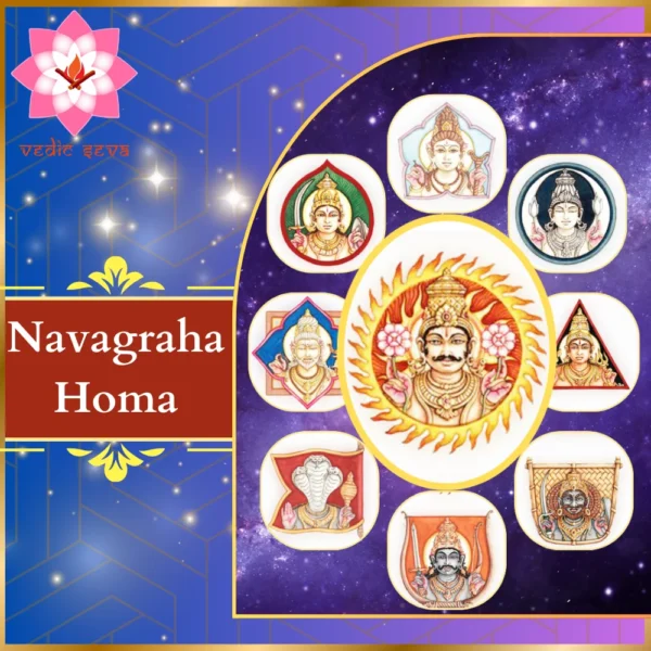 Image of the nine planetary deities as per Vedic scriptures, each in their respective mandala (circle, triangle, square, or flag), symbolizing the Navagraha Homa for astrological balance and blessings