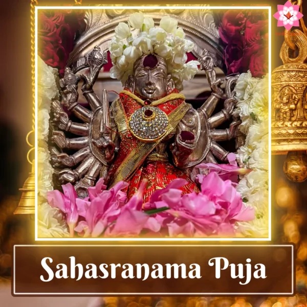 Image of a Goddess with vibrant flowers, central to Sahasranama Puja performed online for invoking divine blessings through sacred chants