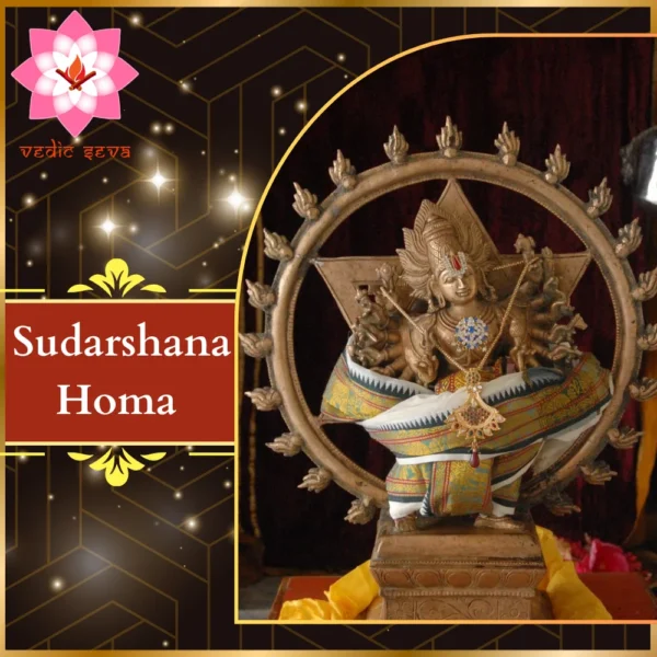 Image of Lord Sudarshana with the divine discus, symbolizing protection and purification, associated with Sudarshana Homa at Vedic Seva