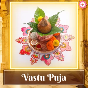 Image of a beautifully decorated Kalash, symbolizing harmony and positive energy, central to Vastu Puja rituals performed at home to purify living spaces